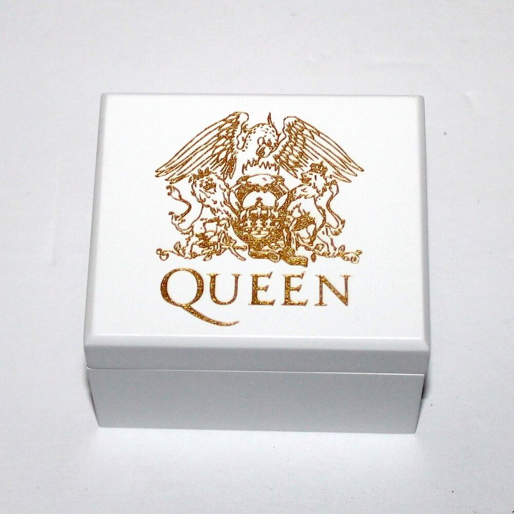 Queen We Are The Champions Music Box white wood gold logo